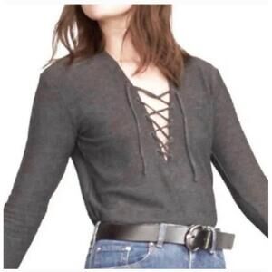 Iro Tissaspe Gray Lace-Up V-Neck Linen Long Sleeve Tee Womens Top Size Midium